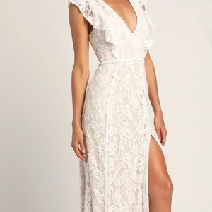 Lulu's Ivory Lace V-Neck Maxi Dress with Side Slit